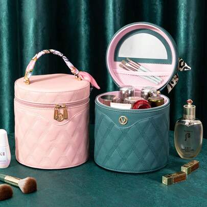 1pc Cylindrical Quilted PU Makeup Bag With Mirror, Large Capacity Cosmetic Organizer, Portable Travel Vanity Case With Silk Scarf Handle, For Brushes, Lipstick, Skincare, Pink/Green Optional, Gift For Women