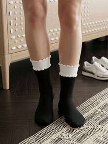 1/3 Pair Black Ribbed Contrast Mid-Calf Socks, Versatile Ballet Style Fuzzy Socks For Spring & Autumn - Multicolor - View 2