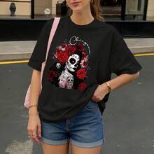 Camiseta Negra con Estampado de Calavera y Rosas Rojas para Mujer Dia de Muertos - Negro - Ver 3