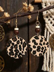 1对时尚性感豹纹串珠皮革耳环，女士时尚几何圆形豹纹皮革耳环 - 豹紋 - 查看 1