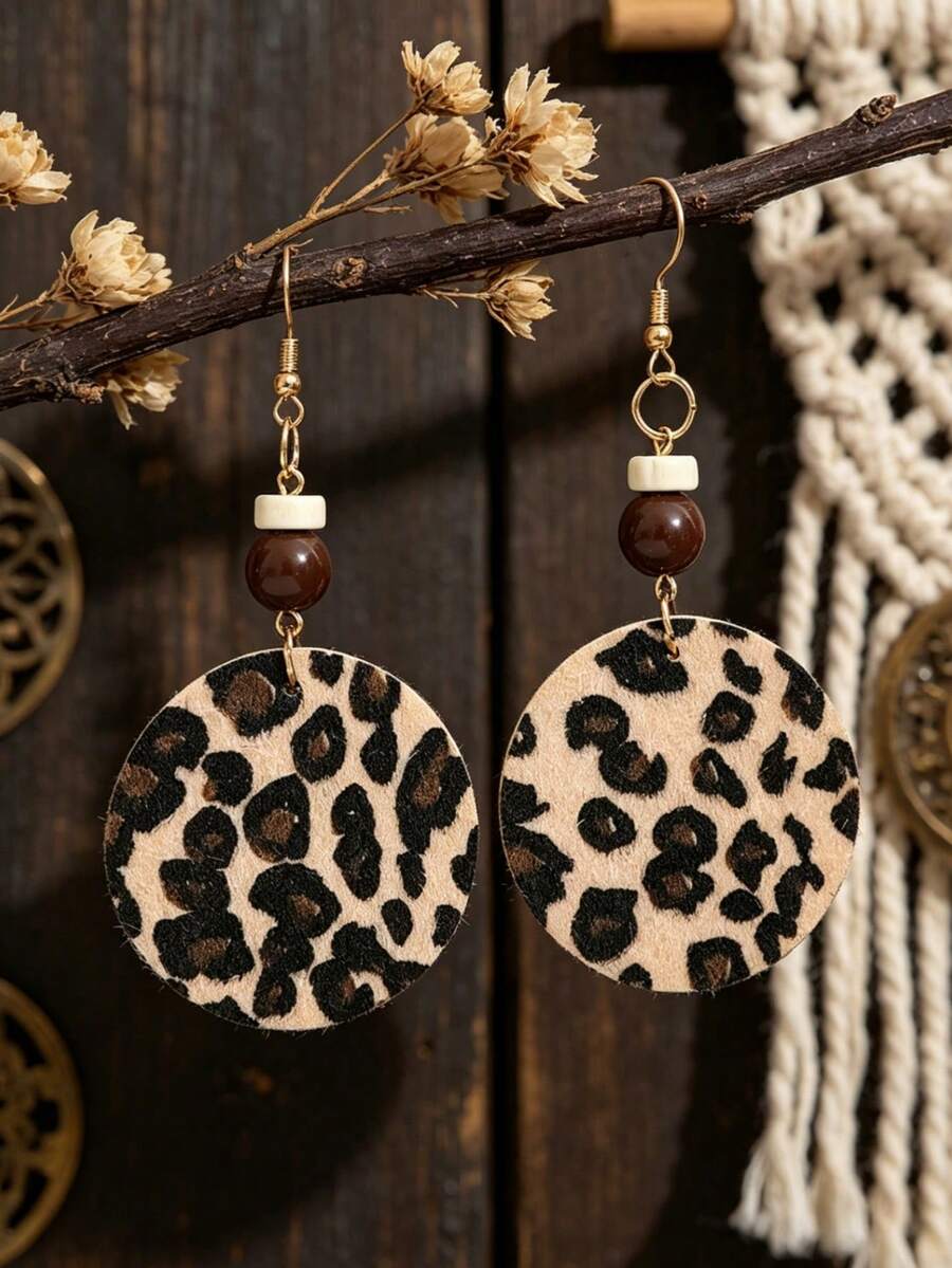 1对时尚性感豹纹串珠皮革耳环，女士时尚几何圆形豹纹皮革耳环 - 豹紋 - 查看 1