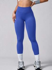 1 pieza Pantalones deportivos de cintura alta sin costuras, elásticos y de unicolor para mujer - Azul - Ver 8