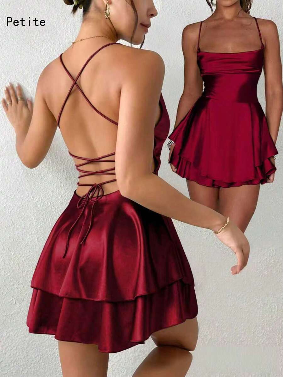 性感迷你褶皱吊带露背抽绳细肩带修身连衣裙，适合夏季酒吧、派对和居家穿着 - 酒紅色 - 查看 1