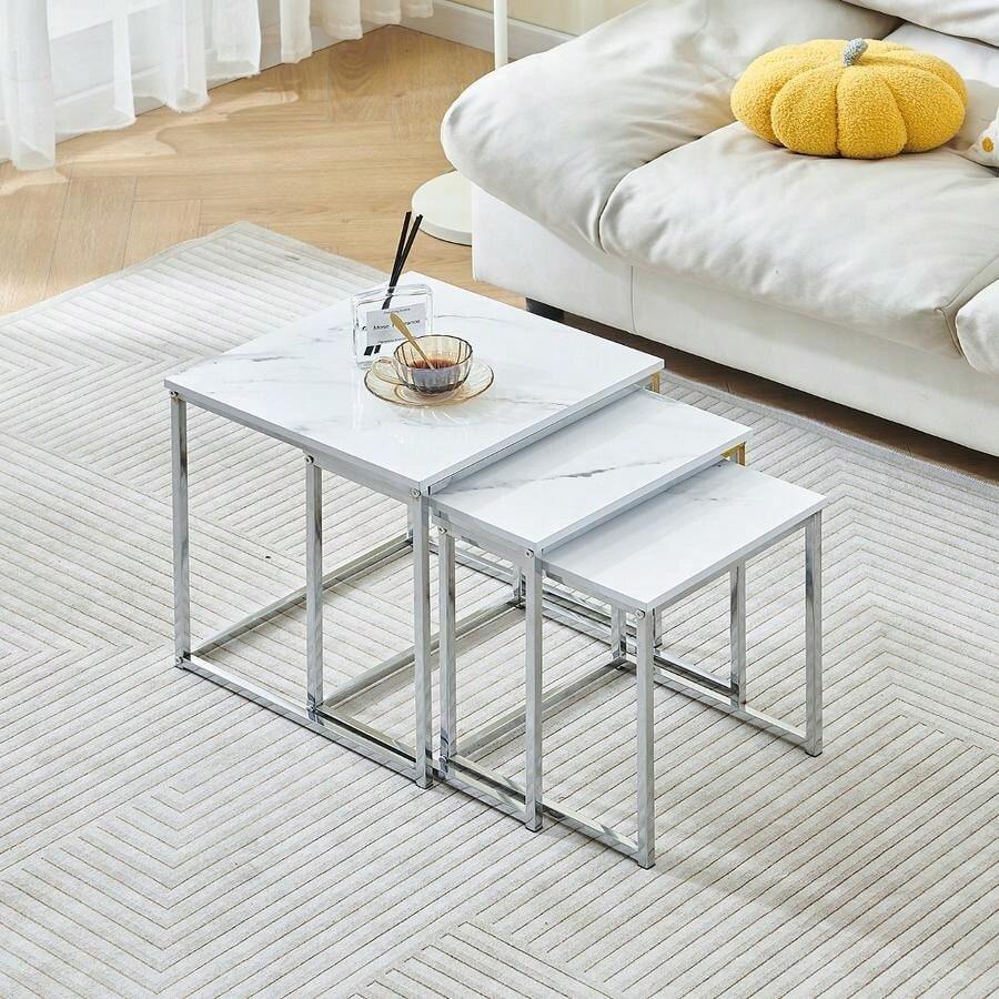 Set Of 3 Nesting Coffee Tables For Living Room, Nest Of 3 Nested Tables Sofa Side Table Coffee Table End Tables Space Saving - 白色大理石 - 查看 1