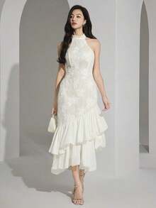 Vestido midi elegante de mujer con cuello halter, bajo con volantes y patchwork de jacquard - Albaricoque - Ver 7