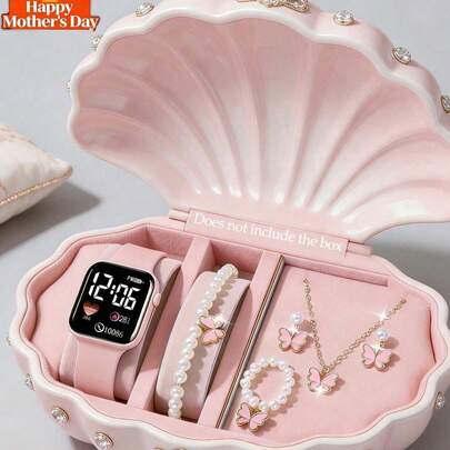 Bộ trang sức 6/5 món thời trang tối giản, thanh lịch, hình vuông, họa tiết cầu vồng, bao gồm đồng hồ điện tử trang trí, vòng cổ, vòng tay, bông tai và nhẫn, thích hợp cho các bé gái đeo trong các bữa tiệc và lễ hội. Cũng là một lựa chọn quà tặng lý tưởng cho Ngày của Mẹ, tựu trường, Lễ Phục Sinh và các dịp khác dành cho mẹ và bạn bè.