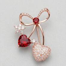 Rose Gold Crystal Bow & Double Heart Brooch, Luxury Lapel Pin For Coat, Jacket, Elegant Gift For Friends, Sweet Heart Design, Suitable For Date And Work - Red - View 3