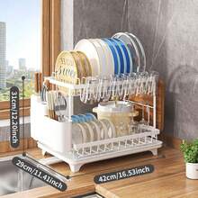 Double-Layer Kitchen Drainer, Dish And Plate Drainer, Countertop Plate And Cup Holder - White - View 6