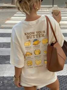 Graphic Print Short Sleeve T-Shirt For Women, Casual Loose Fit Retro American Style Round Neck Versatile Top For Summer - Apricot - View 3