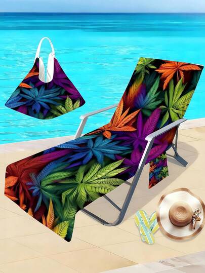 1pc Polyester Beach Chair Cover With Colorful Leaf Pattern, Quick-Dry Casual Chair Towel With Side Pockets, Suitable For Beach, Pool Party, Sunbathing, Summer Vacation And Outdoor Activities