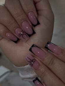 24 piezas de uñas postizas cuadradas de cobertura completa de color negro mate con decoración de lazo y cristales, adecuadas para mujeres y niñas - Multicolor - Ver 1