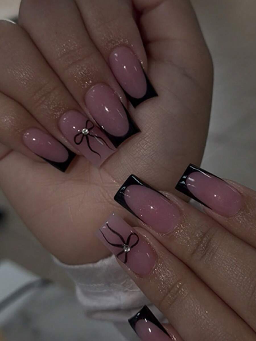 24 piezas de uñas postizas cuadradas de cobertura completa de color negro mate con decoración de lazo y cristales, adecuadas para mujeres y niñas - Multicolor - Ver 1