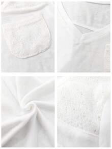 女士白色V领T恤，蕾丝口袋+肩部拼接，休闲短袖上衣 - 白色 - 查看 9