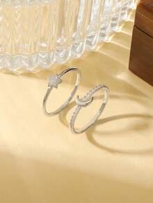 Gift Box Set Couple Rings With Star & Moon Design, Cubic Zirconia Inlaid Shiny Jewelry, Suitable As Holiday Gift - Silver - View 3