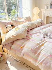 4pcs Skin-Friendly INS Style Cute Macaron Stripe & Fruit Print Duvet Cover Set (1 Duvet Cover + 2 Pillow Shams + 1 Flat Sheet, No Filler), Double-Sided Sweet Fruit Print Bedding Set, Soft & Breathable All-Season Double-Layer Duvet Cover, Suitable For Bedroom, Guest Room, Fits Double Bed Size - Baby Pink - View 10