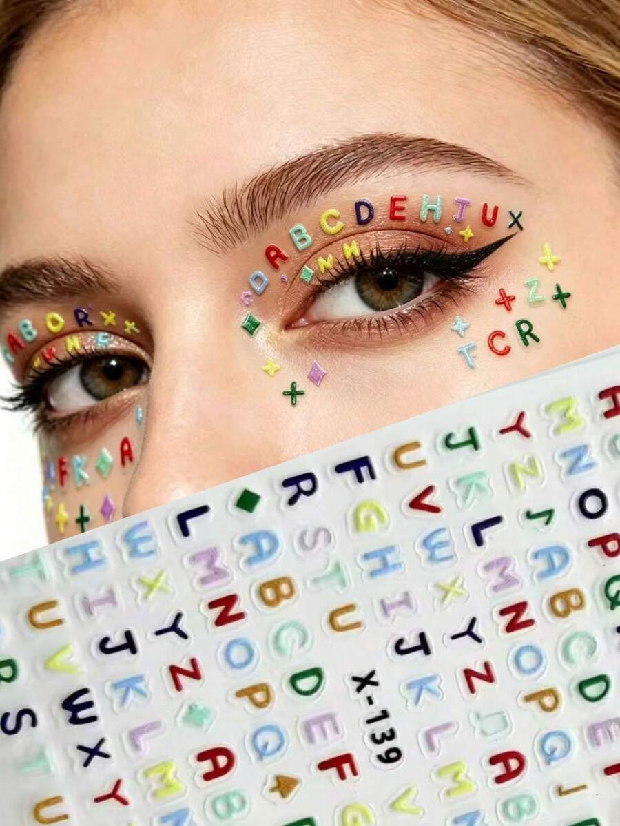 1pc Dopamine Colorful Letter Face Sticker, Transparent 3D Letter Star Sticker, European And American Style Party Makeup Essential For Birthday, Music Festival, Photoshoot, Party, Easy To Apply, Versatile, Create Unique Y2K, Glitter, Carnival Looks!,Concert Look,Face Gems - Multicolor - View 1