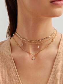 1 chiếc vòng cổ nhiều lớp mặt dây chuyền ngọc trai giả tối giản thanh lịch, phù hợp cho phụ nữ đeo hàng ngày. - Vàng - Xem 1