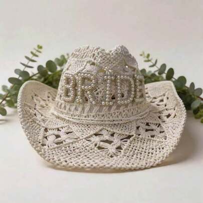 Hollow Woven Faux Pearl Bridal Cowboy Felt Hat, Ideal For Brides-To-Be, Wedding Parties, Bachelorette Parties, Christmas, Honeymoon, Summer Beach Parties And Weddings As A Sunscreen Essential