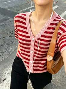 Nuevo suéter de punto de verano para mujer con cuello en V, holgado, a rayas, de manga corta, con contraste de color, informal - Multicolor - Ver 1