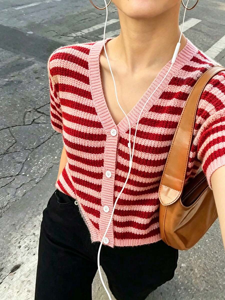 Nuevo suéter de punto de verano para mujer con cuello en V, holgado, a rayas, de manga corta, con contraste de color, informal - Multicolor - Ver 1