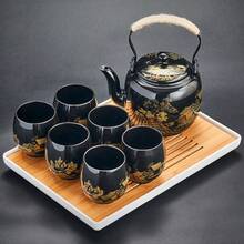 黑色陶瓷茶具套組含茶杯，適合成人、茶愛好者、女性與男性，完美適用於日常使用、辦公室或節日款待朋友，送給朋友、家人或愛人的禮物（金色鄉村風） - 黑色世外桃源 - 查看 5