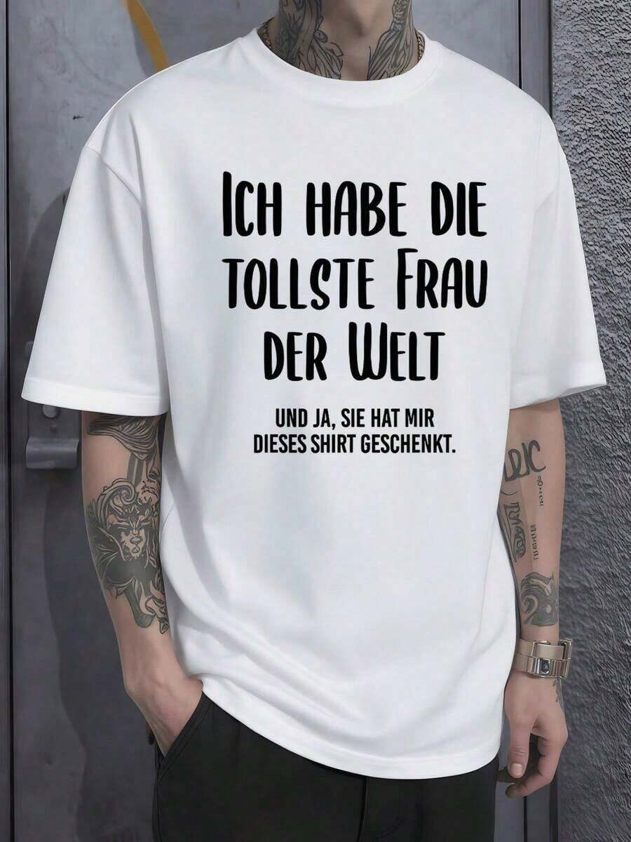 The Text On The Front Expresses Pride And Love For The Couple, Showing That The Wearer Feels Lucky To Have The Best Woman In The World, Reflecting Affection, Trust, And A Positive Sense Of Humor. Men's Plus Size T-Shirt, 100% Cotton, White, Casual, Comfortable, Ideal For A Romantic Gift - 白色的 - 查看 1