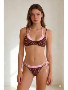 Polka Dot Women's Swimsuit, Two-Piece Style, Fashionable And Sexy Printed Bikini - Brown Base With Blue Dots - View 4