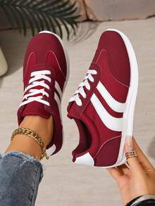 1 双女式轻便休闲运动鞋，平底系带舒适步行鞋 - 紅色 - 查看 3