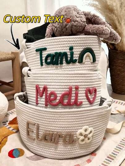 1pc Personalized Handmade Multi-Color Storage Basket With Handle And English Name Text, Customizable For Children, Cosmetics, Couples, Living Room Gifts, Elegant High-Quality, Vibrant Colors, Modern Design