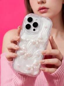 奢华蝴蝶结元素时尚手机壳 1 件装 高级银色 3D 珍珠蝴蝶结手机壳 兼容 11/ 15 Pro Max/14 Pro Max/13/12/ 17/17 Pro/17 Pro Max 春季婚礼礼物 - 彩色 - 查看 2