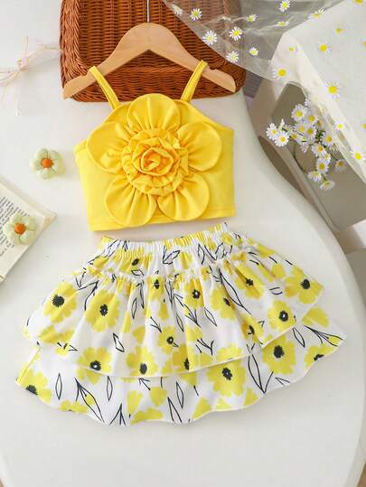 Baby GirlSleeveless Top With 3D Floral Decor, Paired With Daisy Print Double-Layer Cake Skirt, Fresh And Lively Style, Suitable For Casual Outings Or Leisure Wear