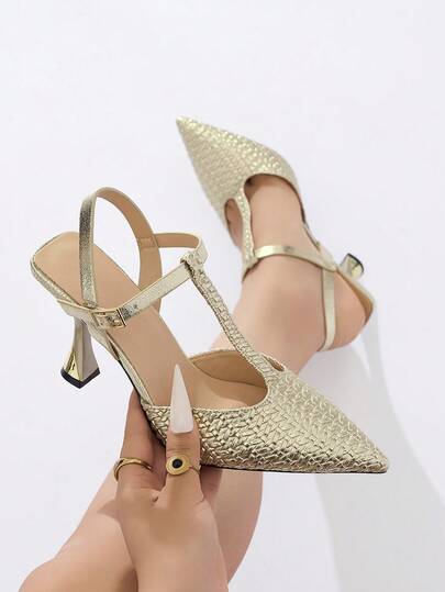 Women's Luxury Elegant Gold Faux Woven Pointed Toe T-Strap Backless High Heel Shoes, New Stylish Suitable For Banquet, Party, Outdoor, Dating, Birthday Gift, Daily Wear, Wedding, Commuting, Spring/Summer/Autumn/Winter