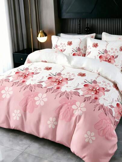 3Pcs Romantic Pink Floral Print Duvet Cover ,Pillow Cover Pattern Is Random ,Duvet Cover Set (1 Duvet Cover + 2 Pillowcase Without Pillow Insert), Bedding Set, Soft Warm And Cozy Bedding Set For Bedroom, Guest Room, Dormitory Decoration Set Rose Plant Print Soft Skin-Friendly Luxury Bedding