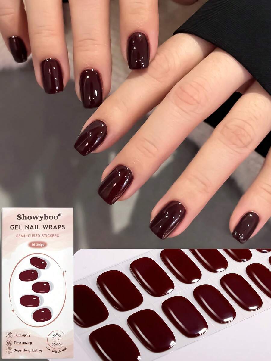 Showyboo Miếng dán móng gel màu đỏ rượu vang thời trang & thanh lịch, 16 miếng/gói, hoàn thiện bóng, bền màu, bảo vệ móng tự nhiên, miếng dán móng tự dính phủ toàn bộ, dễ dán và gỡ, phù hợp cho phụ nữ & trẻ em gái hàng ngày, tiệc, hẹn hò, kỳ nghỉ, nghệ thuật làm móng DIY