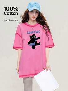 JUTU Spring/Summer Loose Round Neck Letter & Cartoon Cat Print Women's Knitted Loose Pink Striped 100% Cotton Casual Graphic Tee, Streetwear - 469 Pink-yH862 - View 1