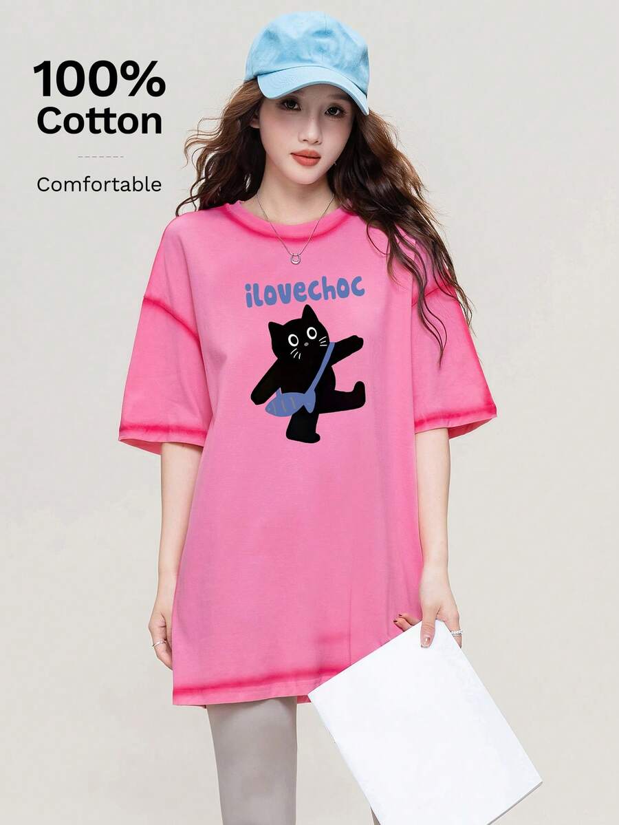 JUTU Spring/Summer Loose Round Neck Letter & Cartoon Cat Print Women's Knitted Loose Pink Striped 100% Cotton Casual Graphic Tee, Streetwear - 469 Pink-yH862 - View 1