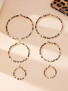 1 Set Of 3 Pairs Asymmetrical Leopard Print Hoop Earrings, Vintage Exaggerated Sexy Earrings For Women - Multicolor - View 5