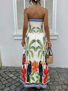 Vestido bandeau con cintura ceñida y estampado de lunares, estilo vacacional - Multicolor - Ver 2
