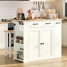 Extendable Kitchen Island With Dining Area, Adjustable Shelves And Drawers, Power Strips And Two Chairs, Ideal For The Kitchen And Dining Room (White) - White - View 4