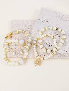 4pcs Heart Shaped Pendant Beaded Bracelet Set, Valentine's Day & Mother's Day Gift - Multicolor - View 3
