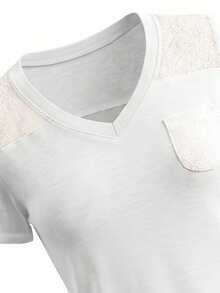 女士白色V领T恤，蕾丝口袋+肩部拼接，休闲短袖上衣 - 白色 - 查看 8