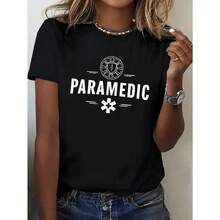 Cropped Graphic Tee, Women's T-Shirt With PARAMEDIC Print - EMT Themed Uniform With Paramedic And Equipment, Short Sleeve And Round Neck, Casual Workwear For EMS, Spring/Summer (Machine Washable) 0UO3 - 黑色 - 查看 1