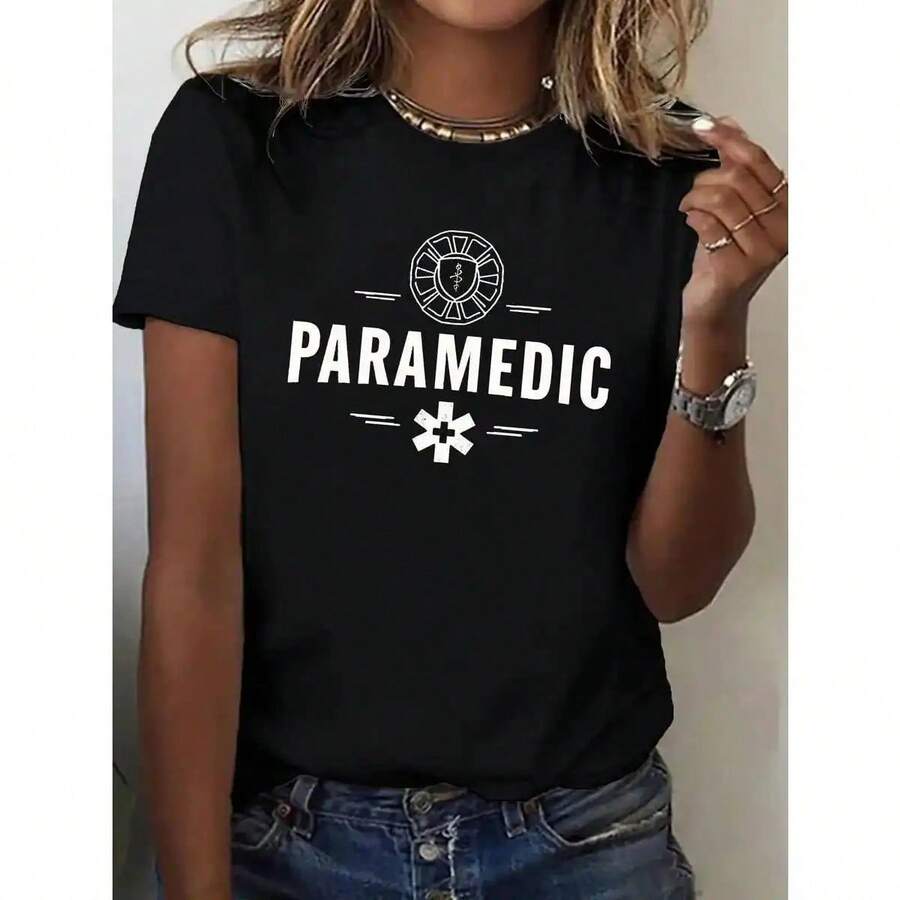 Cropped Graphic Tee, Women's T-Shirt With PARAMEDIC Print - EMT Themed Uniform With Paramedic And Equipment, Short Sleeve And Round Neck, Casual Workwear For EMS, Spring/Summer (Machine Washable) 0UO3 - 黑色 - 查看 1