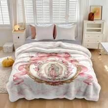Our Lady Of Guadalupe Pink Bow Frame Flannel Blanket Super Soft Warm Cozy Throw For Bed Sofa Travel Ideal Gift For Feminine Catholic Fans Girlfriend Colorful Design, Super Soft Flannel Printed Blanket,As Birthday Gifts, Family, Wedding, Souvenir Blankets, Polyester Blankets Suitable For All Seasons, Washable, Machine Washable, Lightweight, Breathable, Comfortable, Warm, Unique, 280gsm For Him, Her Personalized Ideal Gifts For Her, Him, Perfect Nap, Camping, Travel, Home, Daily Life, Office Decoration, Birthday, Anniversary, Valentine's Day, Thanksgiving, Christmas, Halloween, Mother's Day, Father's Day, Wedding, New Year Gifts ,Sofa,Bed,Car,Bedroom,Living Room,Office, Outdoor Camping, Beach,Wall Decoration - Multicolor - View 3
