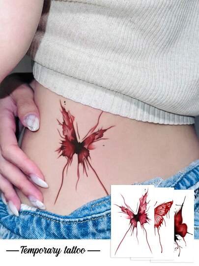 1 Tattoo Sticker, Dark Gothic Style With Blood-Staining, Smudged, Broken Red Butterfly On Waist And Abdomen, Temporary Tattoo Sticker, Washable, PVC, Disposable, Waterproof And Sweatproof For Arms, Waist, Abdomen, Back, And Legs, Non-Reflective, Realistic Tattoo, Suitable For People, Daily Use, Can Last 3-5 Days