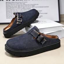 New Retro Denim Platform Mules With Metal Buckle, Slip-On Comfortable Soft Sole Backless Loafers - Royal Blue - View 6