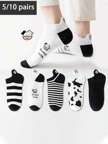 5/10 Đôi tất cổ ngắn unisex họa tiết sọc bò đen trắng, thiết kế hoạt hình dễ thương, thích hợp mặc hàng ngày, mọi mùa. - Nhiều màu - Xem 1