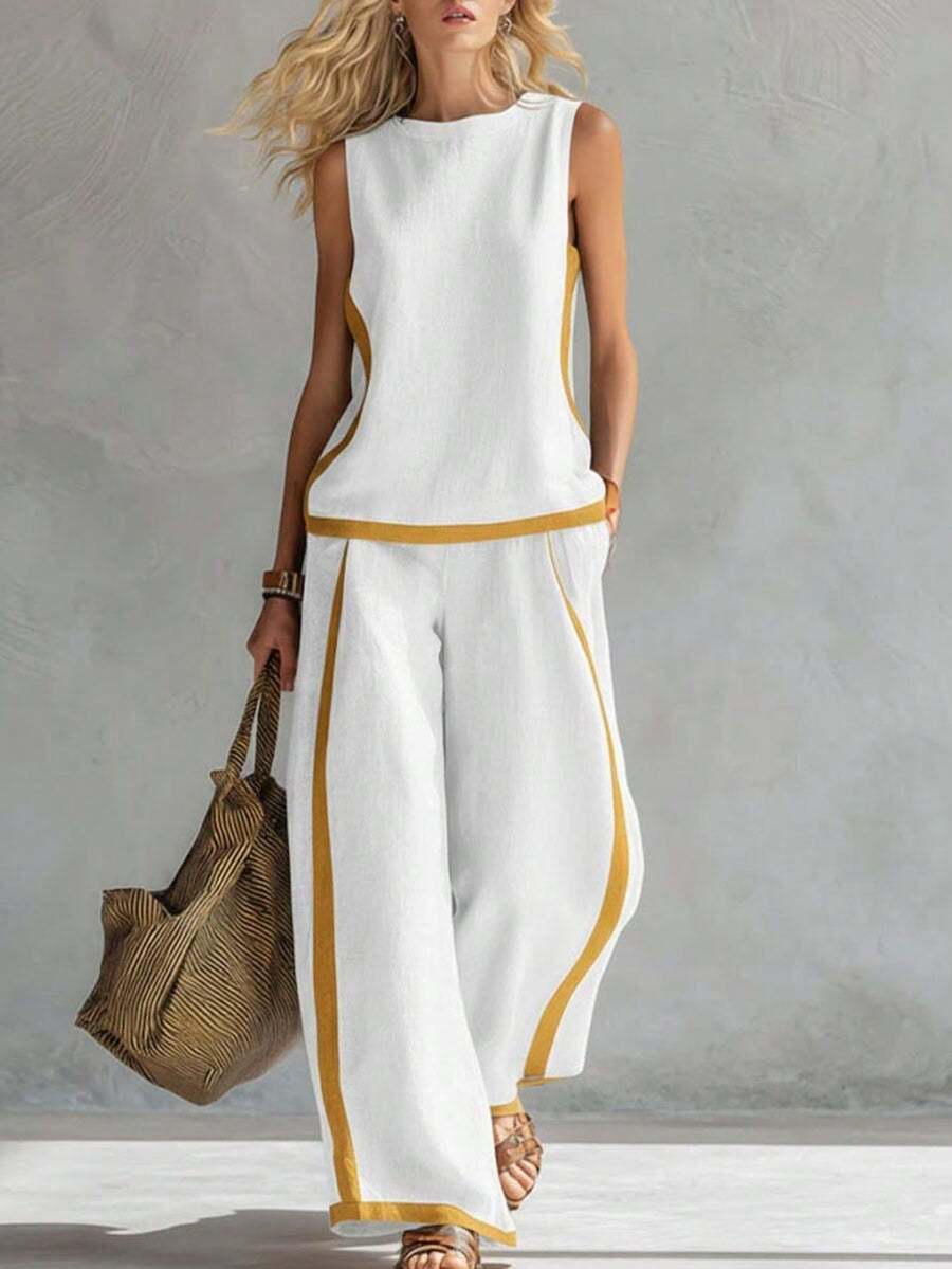 Conjunto de chaleco con mangas a contraste y pantalones de pierna ancha - Blanco - Ver 1