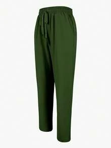 Jisfaneya Women's Solid Color Drawstring Casual Straight Leg Pants With Pockets - Green - View 4