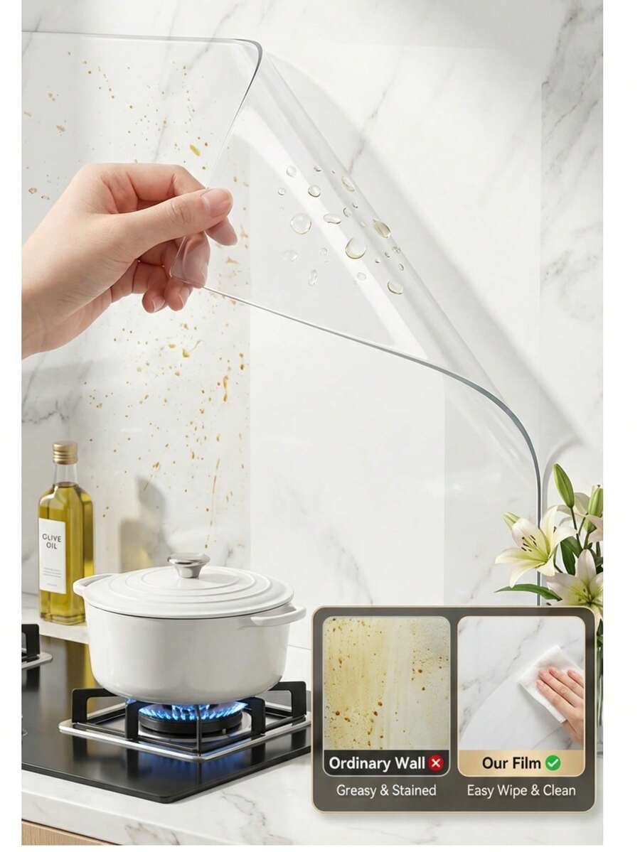 2/3/5卷透明厨房保护膜，防水、防油、阻燃、防霉、可移除背胶贴纸，适用于桌面、墙壁、咖啡桌、餐桌、家具、大理石翻新等。